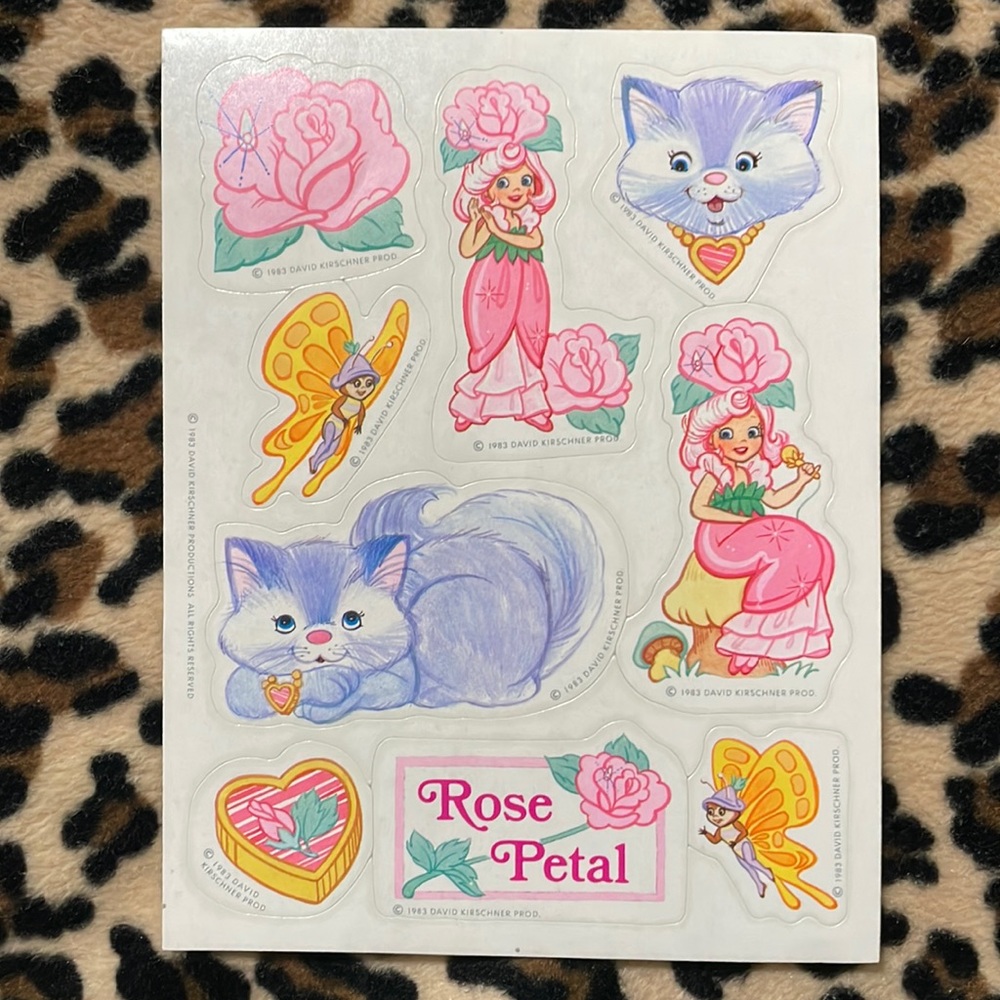 1983 ROSE-PETAL PLACE 💕 Sticker Sheet Vintage Pink 80s Flower Petal Cartoon Cat